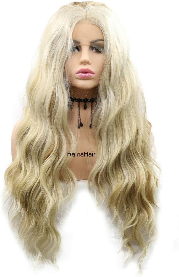 RainaHair 26inches Long Water Wave Lace Front Wig Natural Blonde Highlight Color with Light Brown Synthetic Wigs for Women Cosplay Party Middle Parting Hair - Image 4