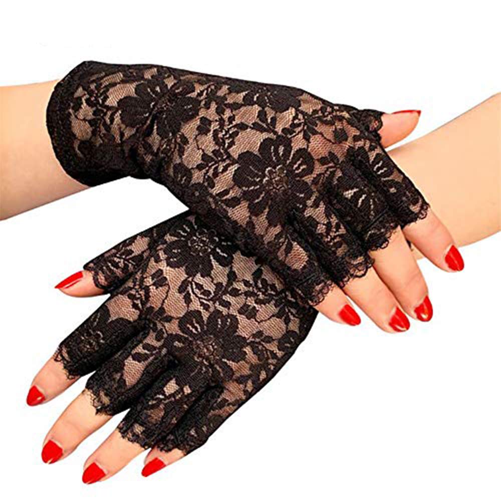 Lifreer Ladies Fingerless Black Lace Gloves, Gothic Fancy Dress Womens Halloween Accessories (2 Pairs)