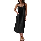 Amazhiyu Womens Pure Linen Summer V Neck Midi Spaghetti Strap Slip Dress with Pockets