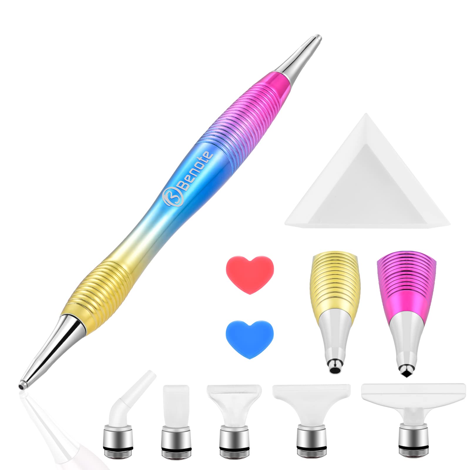 benote Ergonomic Diamond Art Painting Pen, Metal Diamond Drill Dotz Pen Tools 5D Diamond Accessories Painting with Multi Replacement Pen Heads and Wax for DP Cross Stitch - Rainbow