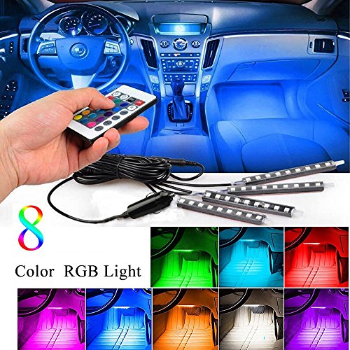 Car Inside Lights, Karono 4pc. 8 Color Music Car Interior Light LED Strip Under Dash Lighting Decoration Accessories kit - Sound Active Function - Wireless Remote Control