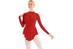 iiniim Women's Adult Floral Lace Ballet Dance Skirted Leotard Long Sleeve Figure Ice Skating Dresses