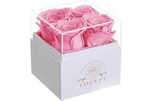 LOUVPY 4 Pink Ideas for Her - Forever Flowers Roses in Acrylic Box - Preserved Rose Gift - Fresh Flowers Bouquet for Delivery Prime - Birthday Gifts for Women