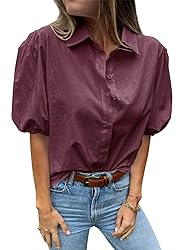Tankaneo Women's Button Down Shirts Short Puff