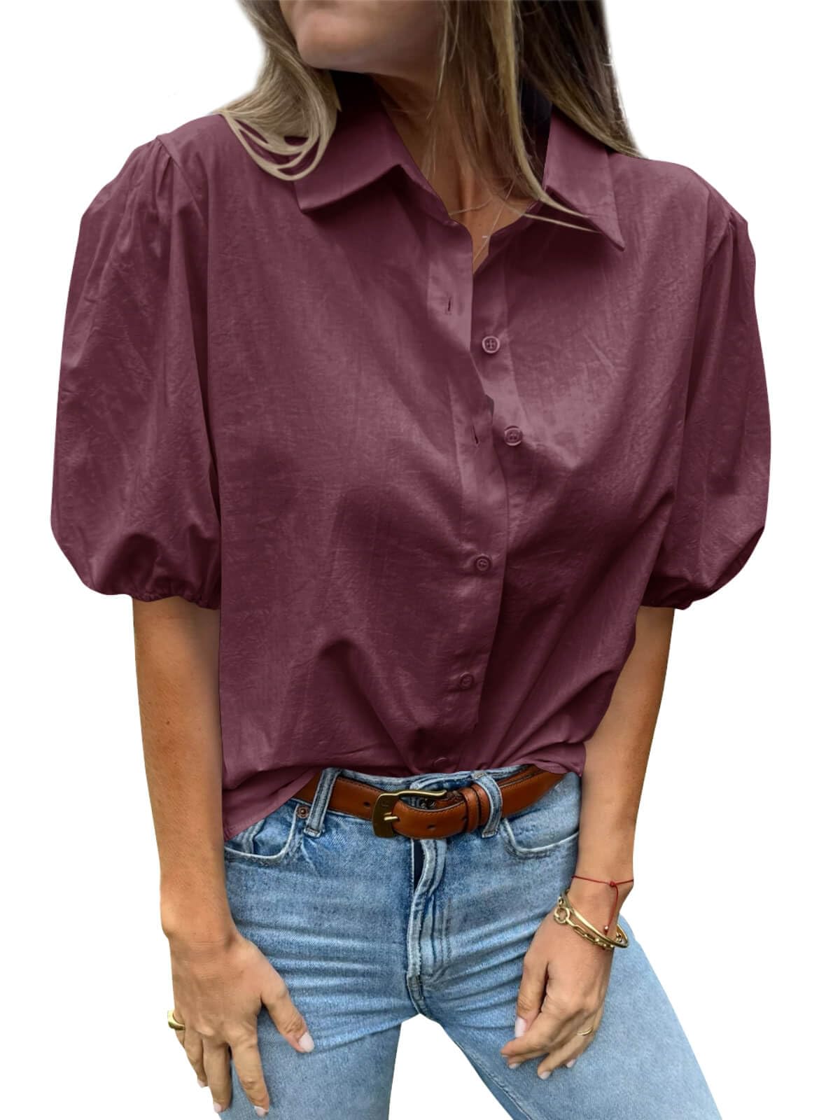 Tankaneo Women's Button Down Shirts Short Puff