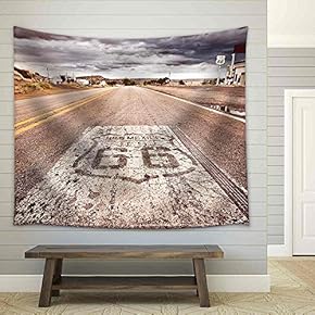an Old Route 66 Shield Painted on Road - Fabric Wall Tapestry Home Decor - 51x60 inches