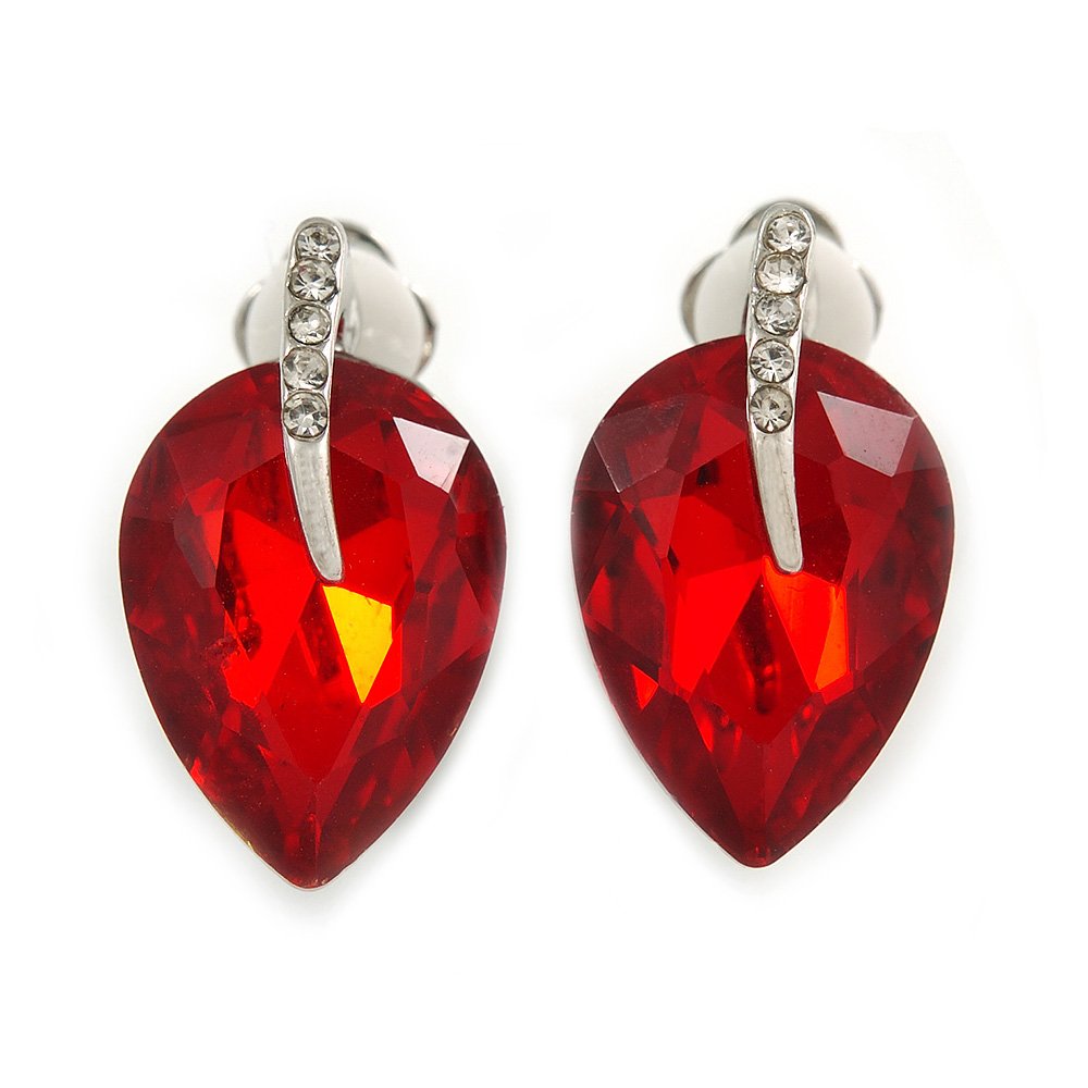 Ruby Red Faceted Glass Stone Leaf Clip On Earrings In Silver Tone - 23mm Tall