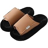 TARYOU Women's Adjustable Fuzzy Slippers with Velcro Strap for Indoor/Outdoor Wear (2 Colors: Tan & Black/All Black)