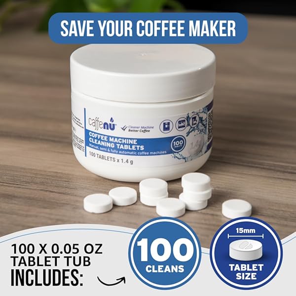 CAFFENU ESPRESSO MACHINE CLEANING TABLETS 100 COUNT USED EVERY 100 CUPS. AUTOMATIC, SUPERAUTOMATIC & BEAN TO CUP. USE WITH DESCALING