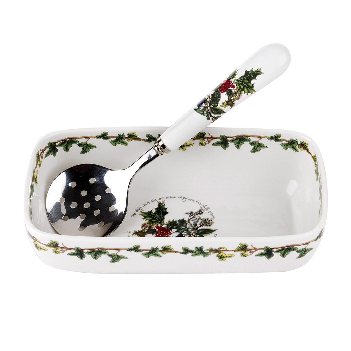Portmeirion The Holly & Ivy Christmas Cranberry Dish with Slotted Spoon - Multi-Colour Ceramic Serving Set, Suitable for Holiday Entertaining, Table Display, or Festive Dining