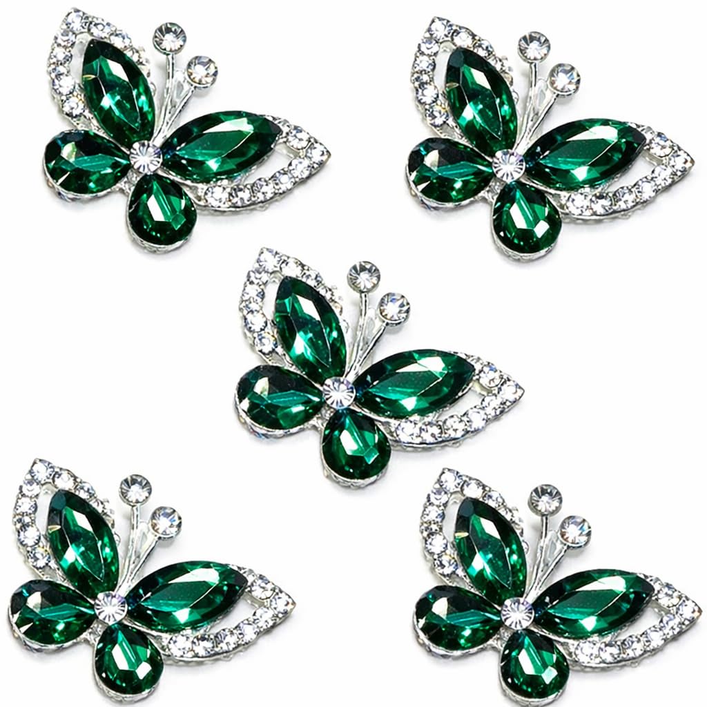Syntego 5pcs Crystal Butterfly Flat Back Silver Rhinestone Embellishments – Grade A Diamante Craft Decorations | Sparkly Butterfly Gems for Wedding, DIY Crafts, Cards, Scrapbooks, and Home Décor