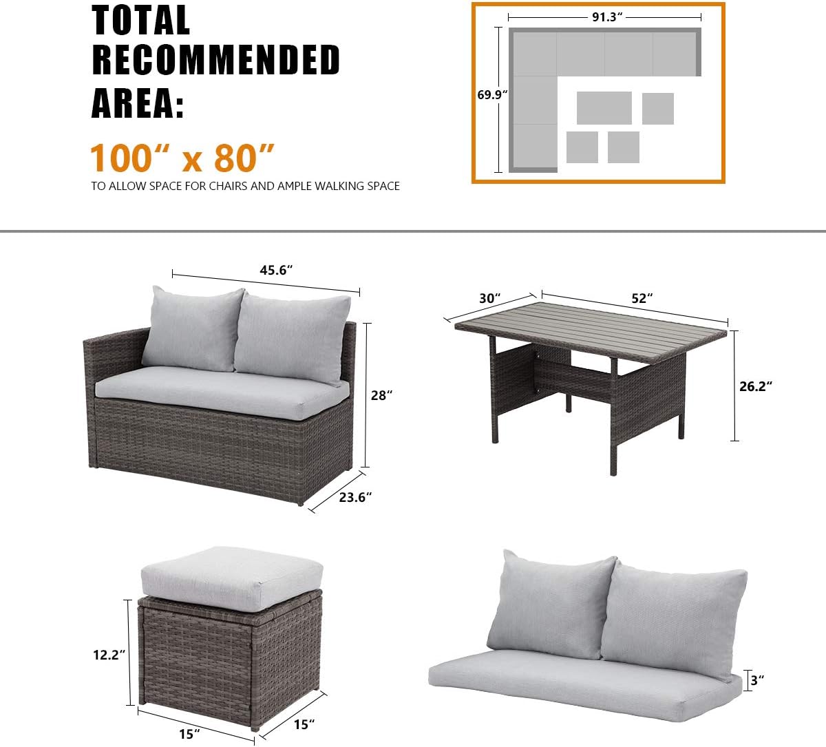 Wisteria Lane Patio Furniture Set,7 Piece Outdoor Dining Sectional Sofa Couch with Dining Table and Chair, All Weather Deck Wicker Conversation Set with Cushion, Grey: Garden & Outdoor