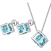 Aurora Tears Birthstone Necklace/Earring 925 Sterling Silver Women Cross/3D Cube/Cresent Moon Birth Stone Jewelry Mens Birthday Gift Anniversary Present