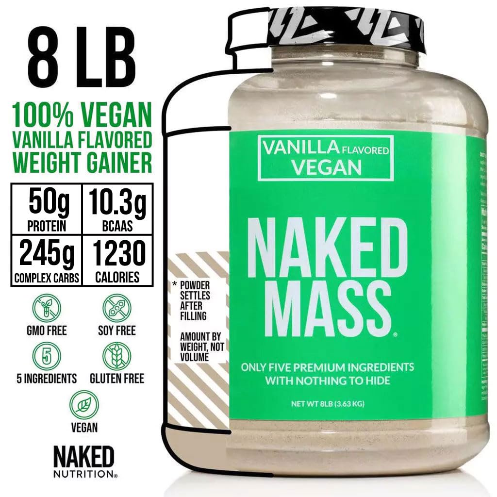 NAKED Vegan Mass - Vanilla Vegan Weight Gainer - 1,230 Calories, Non-GMO, Soy & Gluten Free, No Artificial Ingredients - 8LB Bulk - 11 Servings