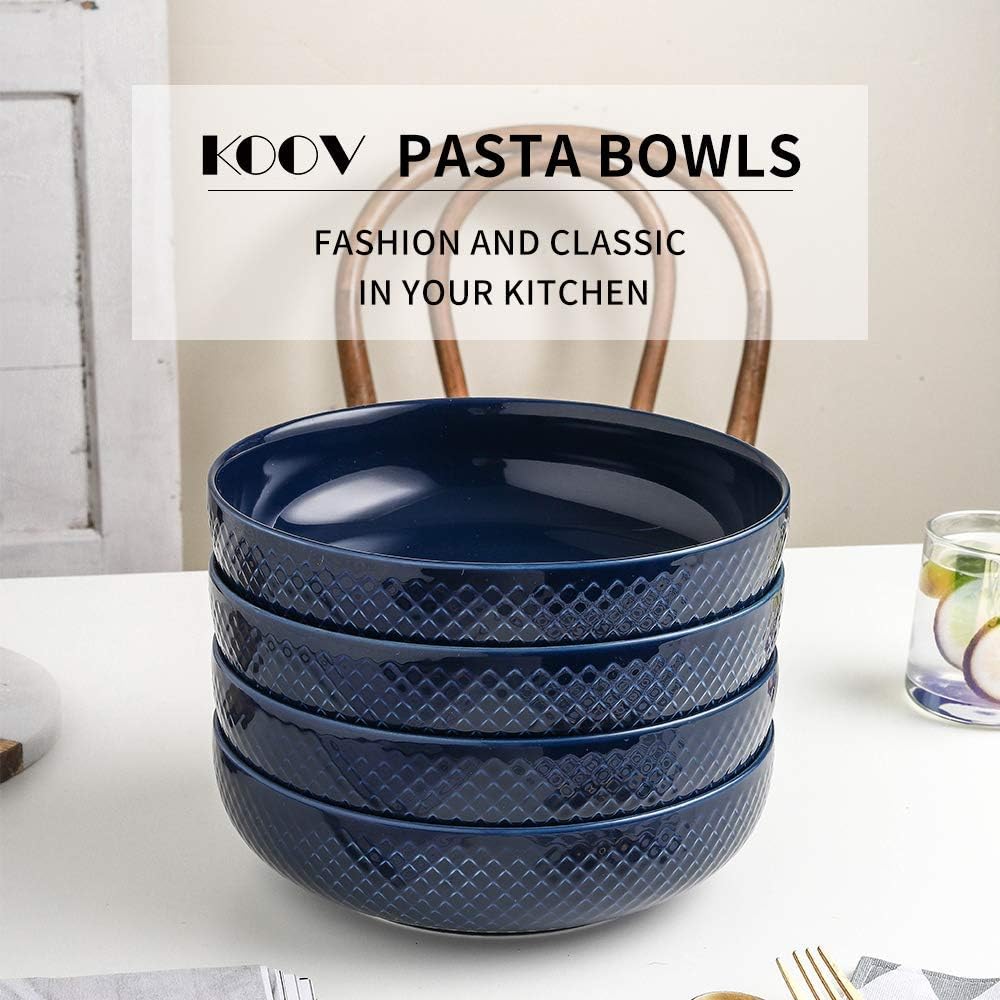 KOOV 46 OZ Pasta Bowls Set of 4, Ceramic Bowl, Large Bowl For Eating, Large Salad Bowl Set of 4, Dinner Bowls Set Microwave Safe (Aegean): Kitchen & Dining