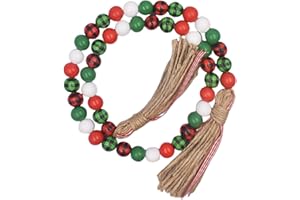 SFONI Christmas Wood Bead Garland - Green Red Checked Wooden Beads with Jute Rope Plaid Tassel Bead Garland for New Year Winter Xmas Tiered Tray Décor Farmhouse Home Kitchen Wall Hanging Decoration