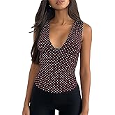 Women Y2k Sleeveless Deep V-Neck Dot Print Tank Top Sexy Wide Shoulder Strap Slim Fitted Solid Color Vest