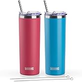 koodee 20 oz Skinny Tumbler (2 Pack) Stainless Steel Double Wall Insulated Water Tumbler Cup with Lid and Straw, Slim Travel for Women Diy Birthday Gift (Wine Red-Sky blue)