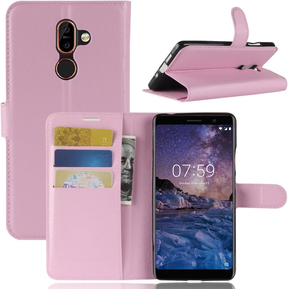 For Nokia 7 Plus Case, Genuine Leather Wallet Case, Premium [Slim Fit] Flip Book Case Cover with Stand Function and Credit Card Slot,pink