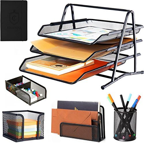 Cossini 5 Piece Metallic Mesh Office Desk Set Organizer (+BONUS: Mini Screwdriver &amp; A6 Notebook)