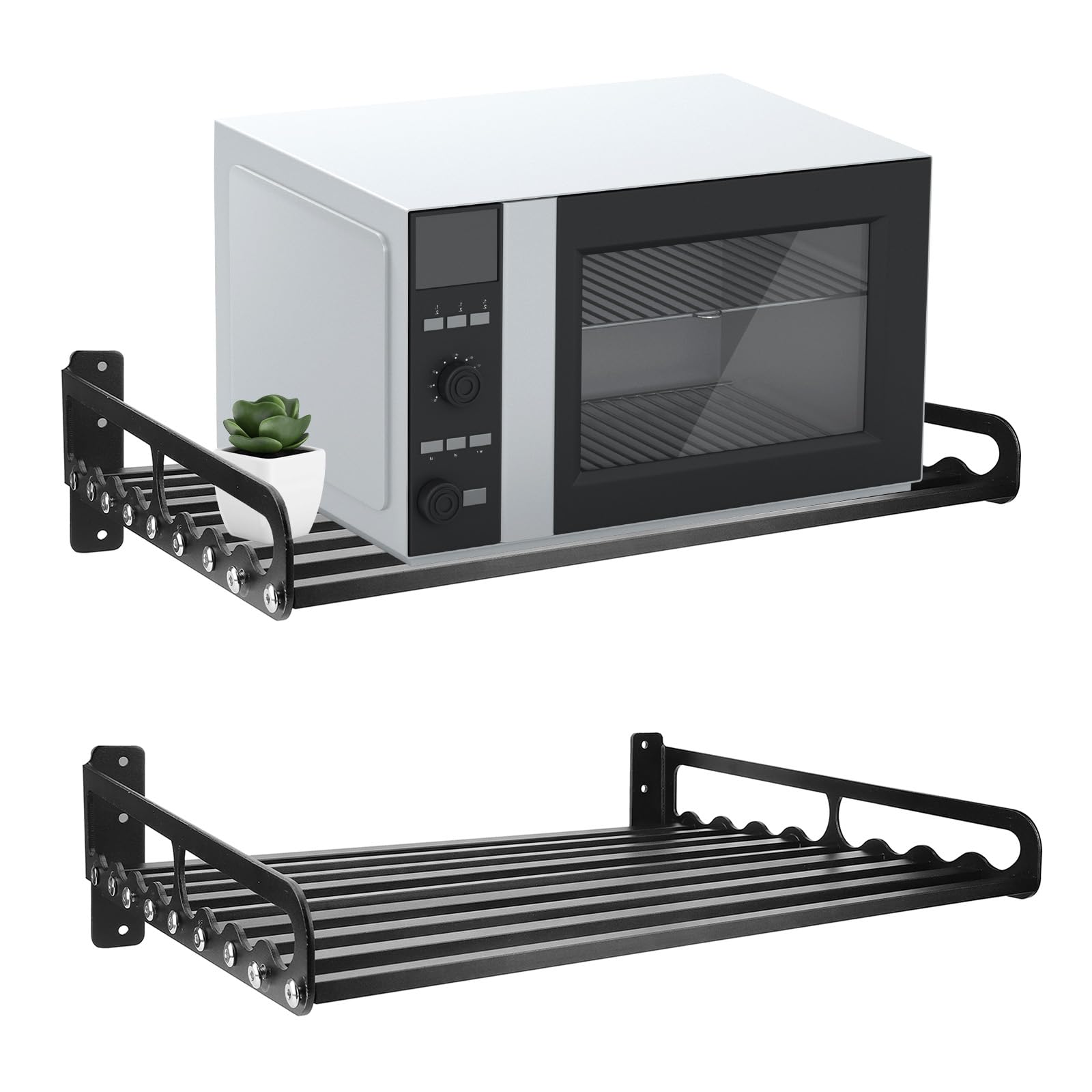 Ladieshow 1pcs Microwave Shelf Wall Mounted, Microwave Stand With 5 Hooks Microwave Oven Rack, Microwave Oven Shelf Bracket Storage Rack Holder Household Kitchen Organizer（Black）(50X40)