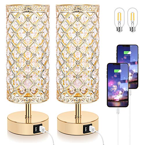 Set of 2 Touch Control Crystal Table Lamps with 2 USB Ports, 3Way