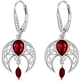 Celtic Moon Earrings 925 Sterling Silver Crescent Moon Leverback Dangle Drop Earrings with Simulated Birthstone Crystals Irish Jewelry Gifts for Women