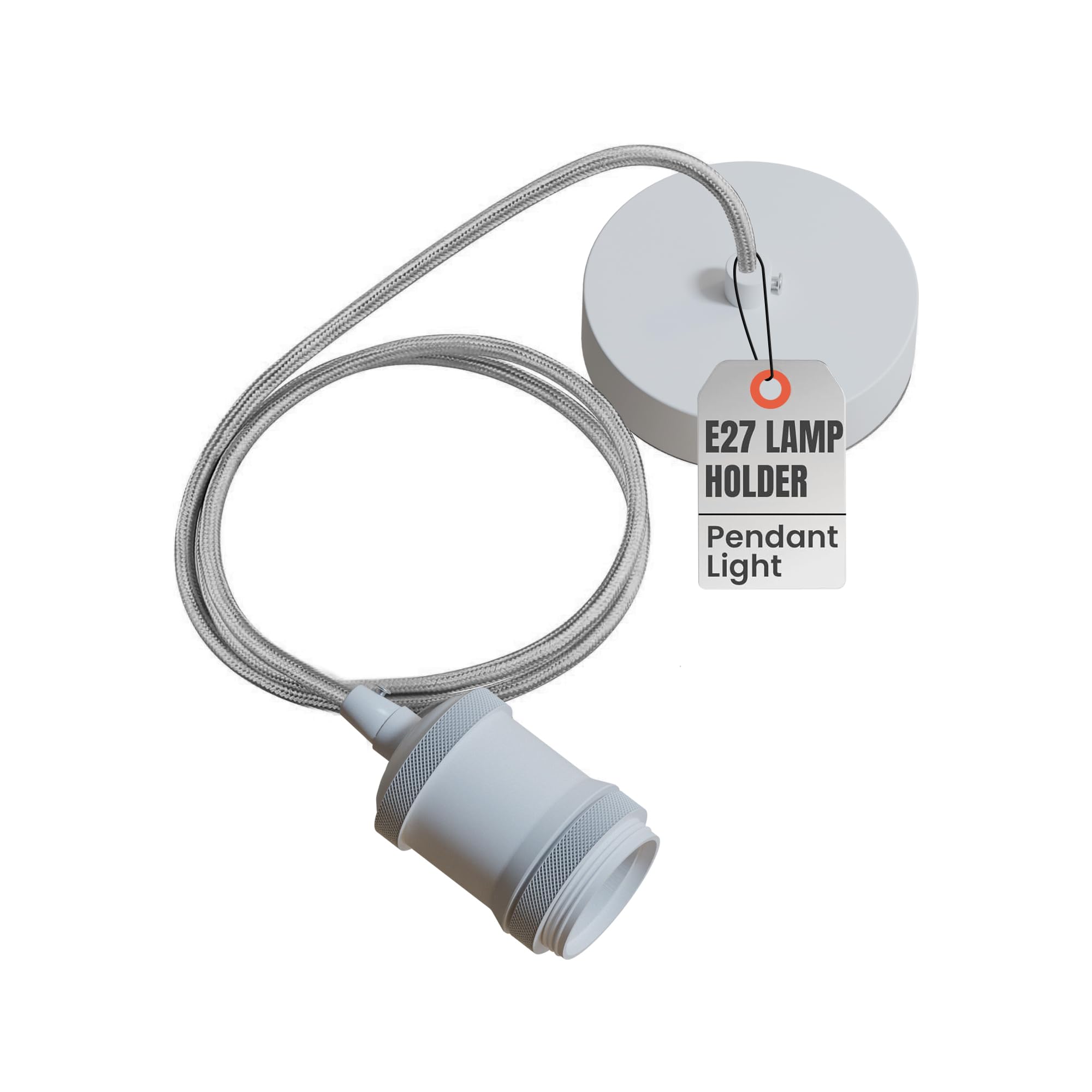 LEDSone Vintage E27 Pendant Light Fitting with 1m Grey Braided Cable – White Metal Ceiling Lamp Holder Kit for Indoor Lighting