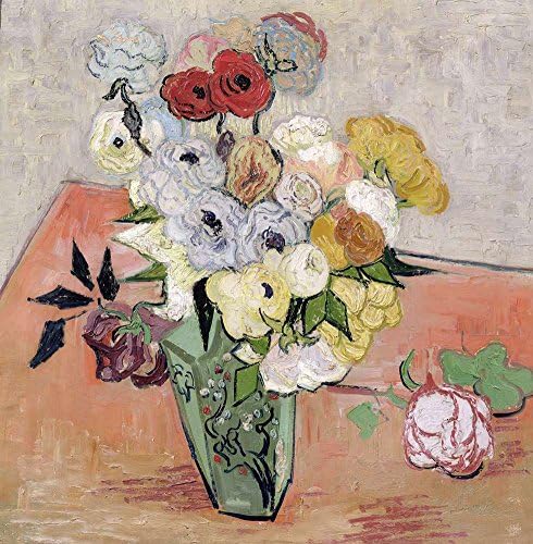 JH Lacrocon Van Gogh Japanese Vase With Roses And Anemones Canvas Reproductions Rolled 30X30 cm (approx. 12X12 inch) still life Paintings Fully Textured 3D Printed Fine Art for Living Room