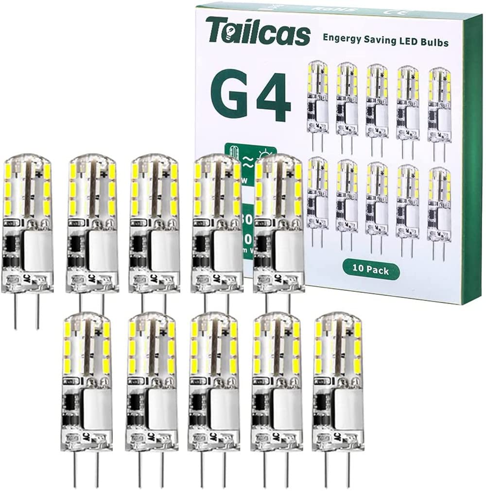 Tailcas G4 LED Bulbs, 1.5W 12V Mini Capsule Light Bulb AC/DC (20W Halogen G4 Lamp Equivalent), Bi-Pin Base JC Type Non-dimmable for Lighting Decor, Chandelier Home 10Pack (Cool White)