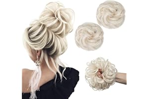 SARLA Updo Messy Bun Hair Piece White Blonde Synthetic Fake Scrunchies Ponytail Extension Wavy Curly for Women Girls 2PCS