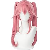 SL Anime Pink Wig with Ponytails Women's Girls Pigtails Hair Wig with Bangs for Halloween Party + Cap