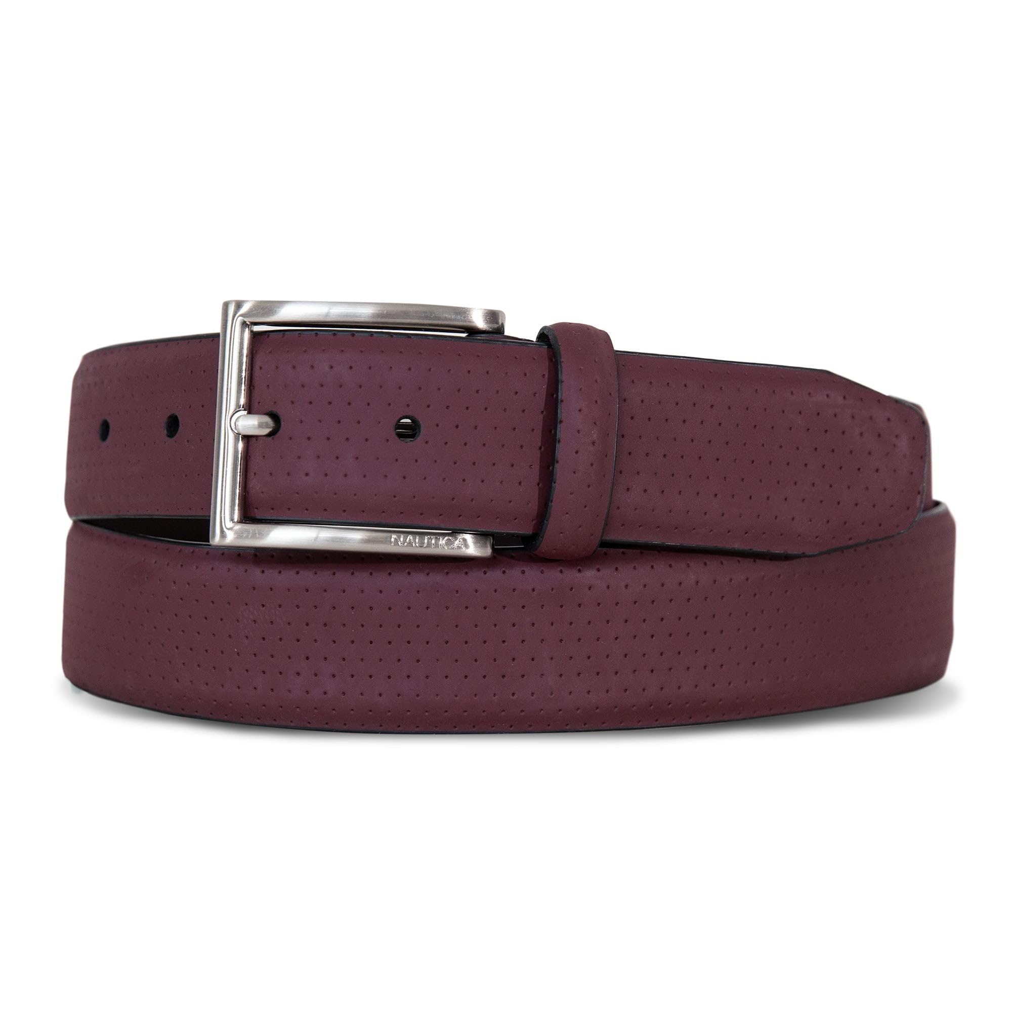 Nautica Mens Perforated Leather Belt for Suits and Pants | Classic | Business | Fashion | Adjustable | Metal Buckle – Zinfandel, 34″