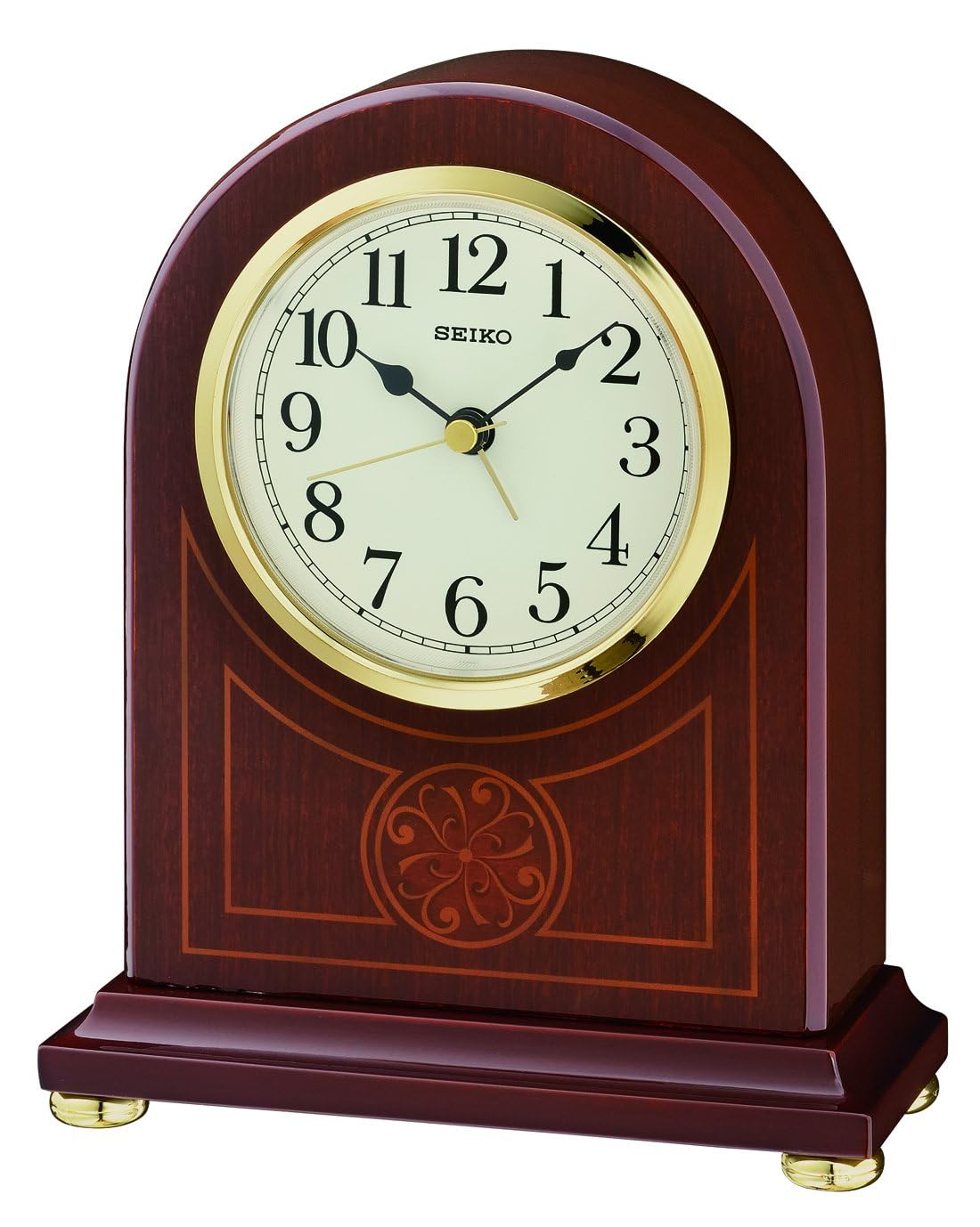 Seiko Dark Wooden Mantle/Mantel Quartz/Battery Clock, Cream Dial with Arabic Numbers & Alarm. Height 127mm QXE057B