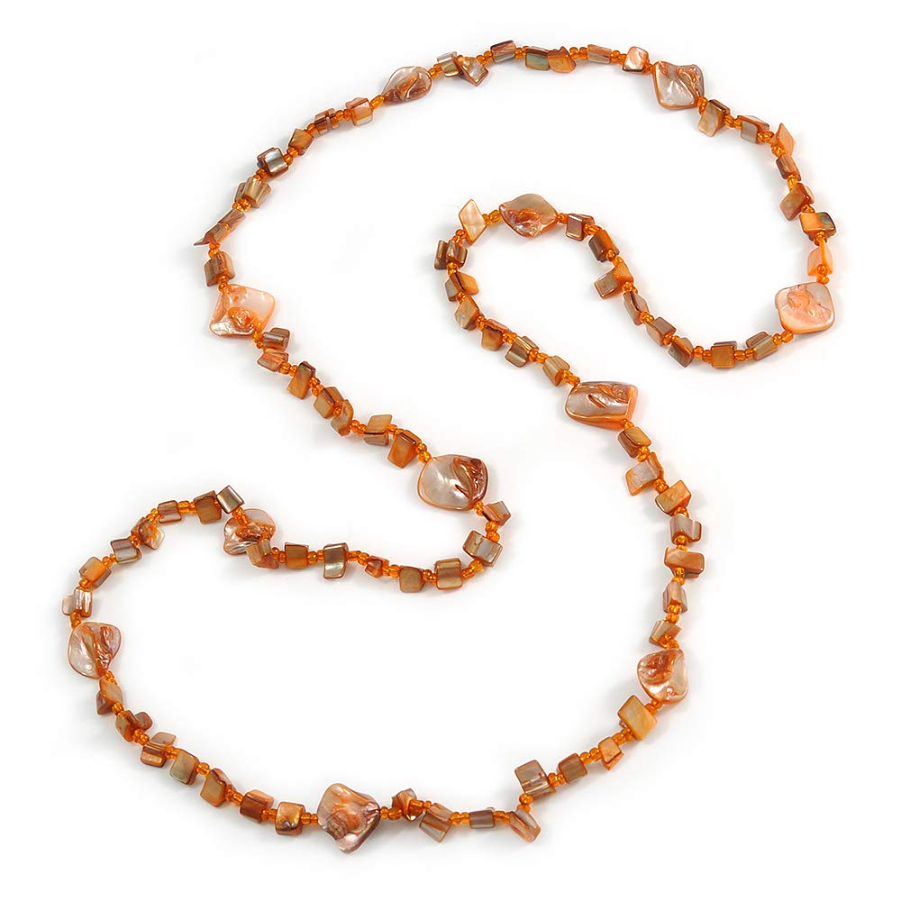 Avalaya Rusty Orange Glass Bead, Sea Shell Nugget Long Necklace/ 126cm L