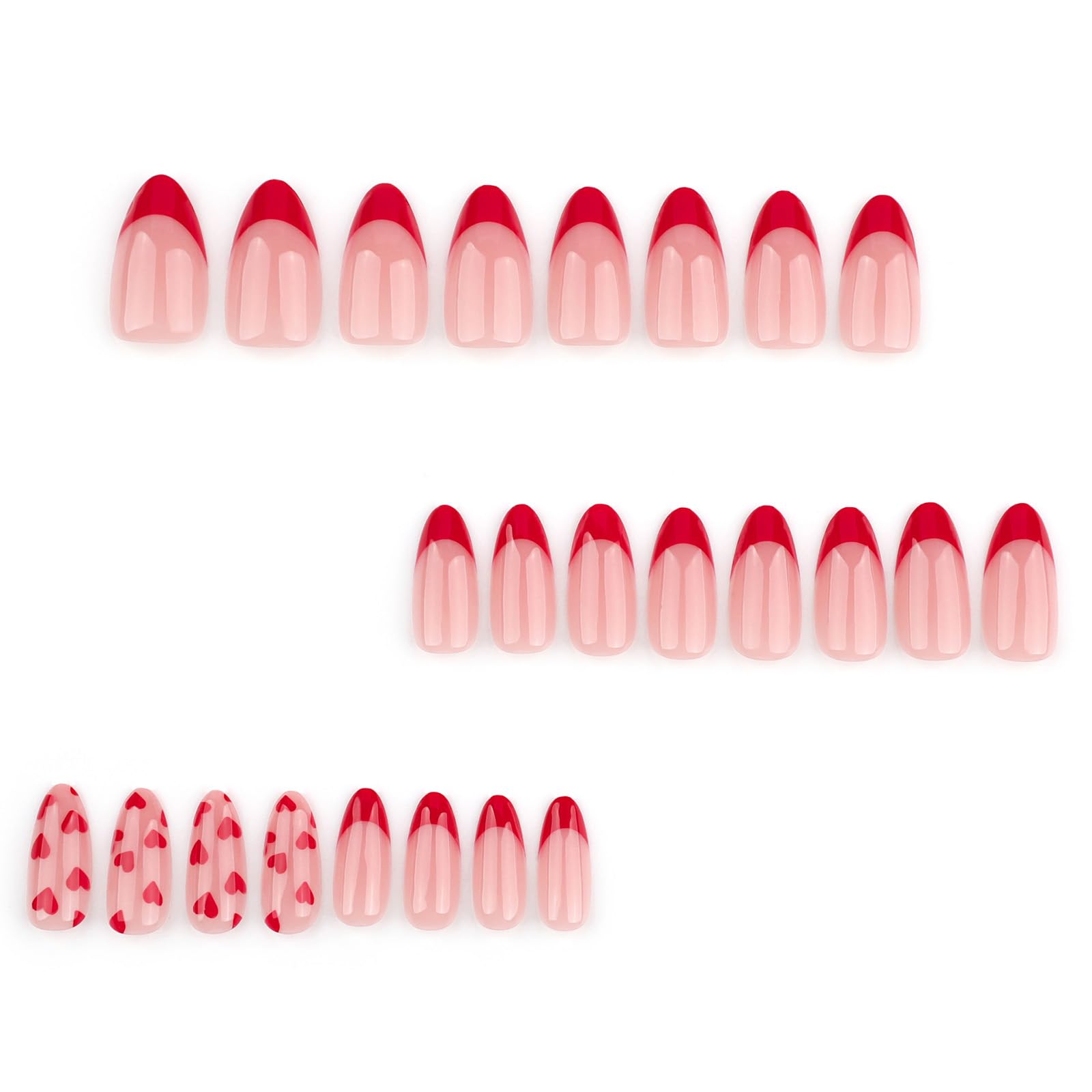 Red Valentines Press on Nails Heart Design Fake Nails Almond Shape Red French Tip Valentines Acrylic Nails Medium Length Glue on Nails Glossy Red Heart Stick on Nails for Women - Image 3