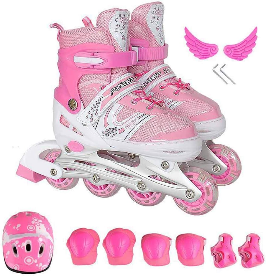 Girls Pink Inline Skates Children's Kids Inliners Roller Skates Roller Blades 4 wheels flash Children's Inline Skates Adjustable Shoe Size AREA,Pink,S