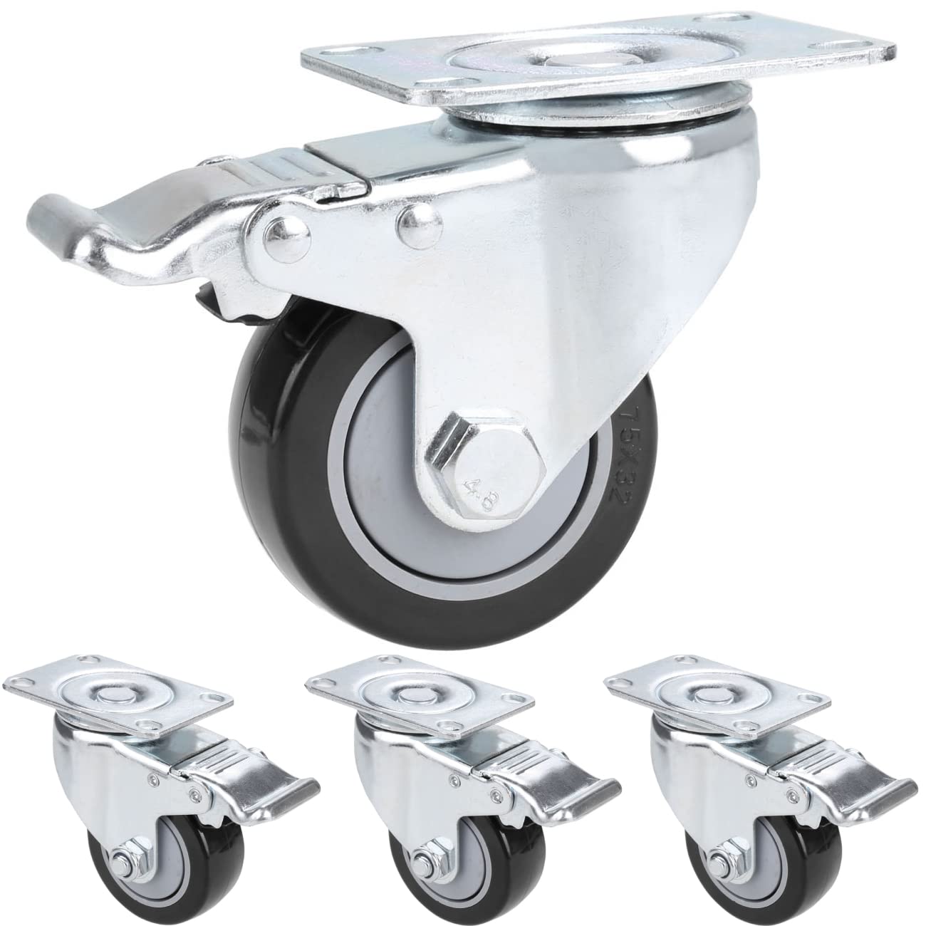 Set of 4 Swivel Wheels with Brake, 75 mm Diameter Industrial Furniture Casters, Maximum Load Capacity 1200 lbs (Red) (Black and Silver)