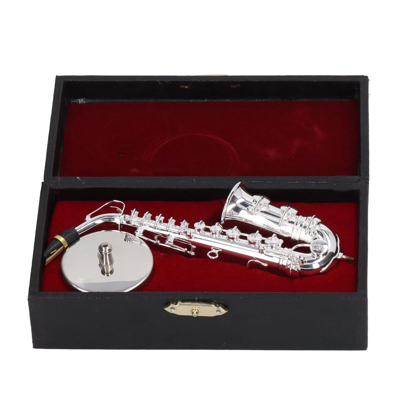 Kuuleyn Alto Saxophone Ornaments Silver Metal Saxophone Decor Mini Sax Musical Instrument with Box Base 14cm for Model Gift Decor