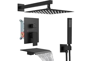 Midanya Shower System with Tub Spout,Bathtub Shower Faucet Set with Square Rainfall Head and Handheld Sprayer Wall Mount Tub Faucet Set with Valve and Trim Kit,10 Inch Matte Black
