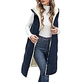 Uikue Womens Fall Long Vest - Sleeveless Fleece Lined Coats Sherpa Quilted Puffer Jackets with Hood Zip Warm Winter Outwear