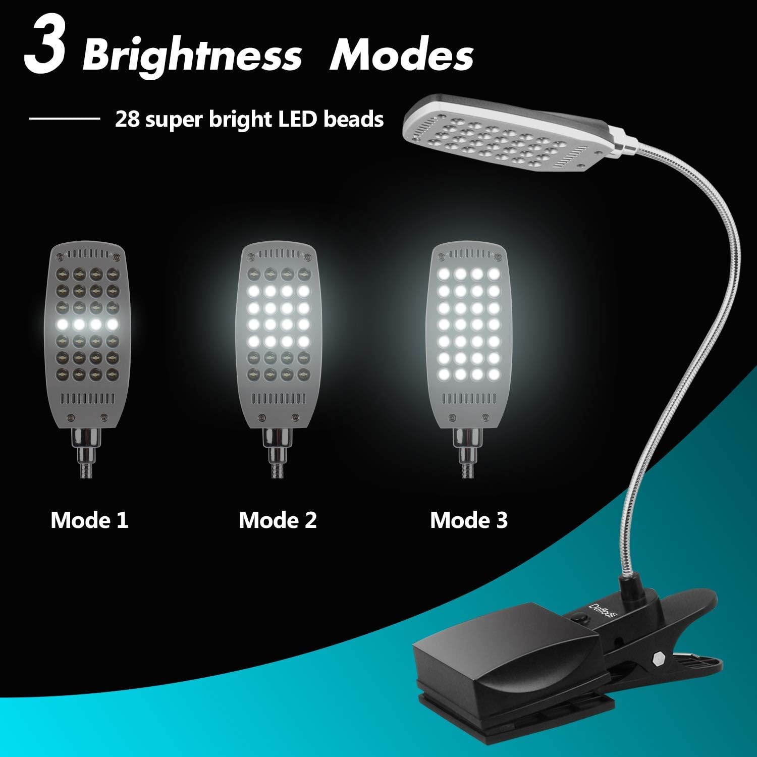 Daffodil ULT300 Clip-On Reading Light, Flexible Gooseneck Book Light with Large Clamp, USB or 4xAA Battery Powered - Image 3
