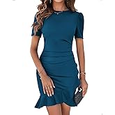 YNIQUE 2024 Women's Summer Dress Short Sleeves Bodycon Mini Dress Ruched Puff Sleeve Ruffle Hem Cocktail Party Dress