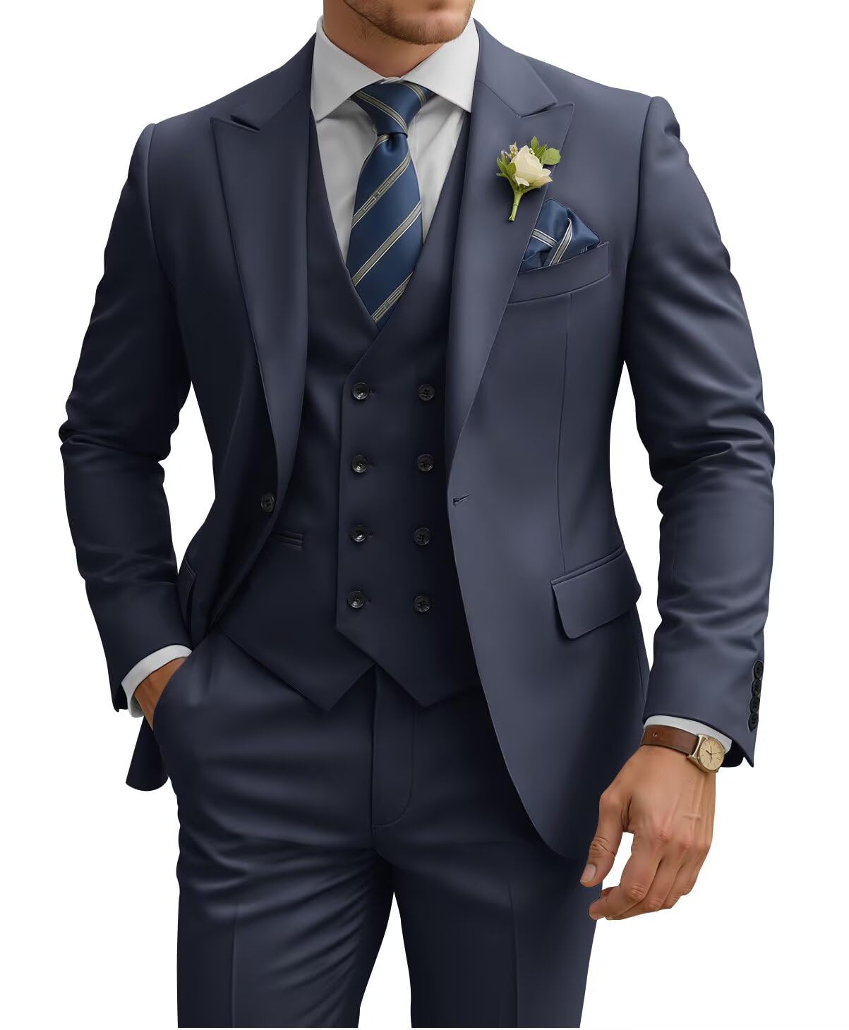 Photo 1 of TIJOFA Double Breasted Suit Men Navy Blue Slim Fit Suits for Men Regular Fit 3 Piece Navy Blue Classic Wedding Elegant Prom Tuxedo for Young Teens Boys Formal Party Groom Dress M