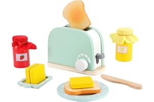 WHOHOLL Wooden Kitchen Toys, Pop-Up Toaster for Kids Play Kitchen, Bread Maker Toy Kitchen Appliances, Play Kitchen Accessories for Toddlers Early Learning, Pretend Play Food Sets for Girls and Boys