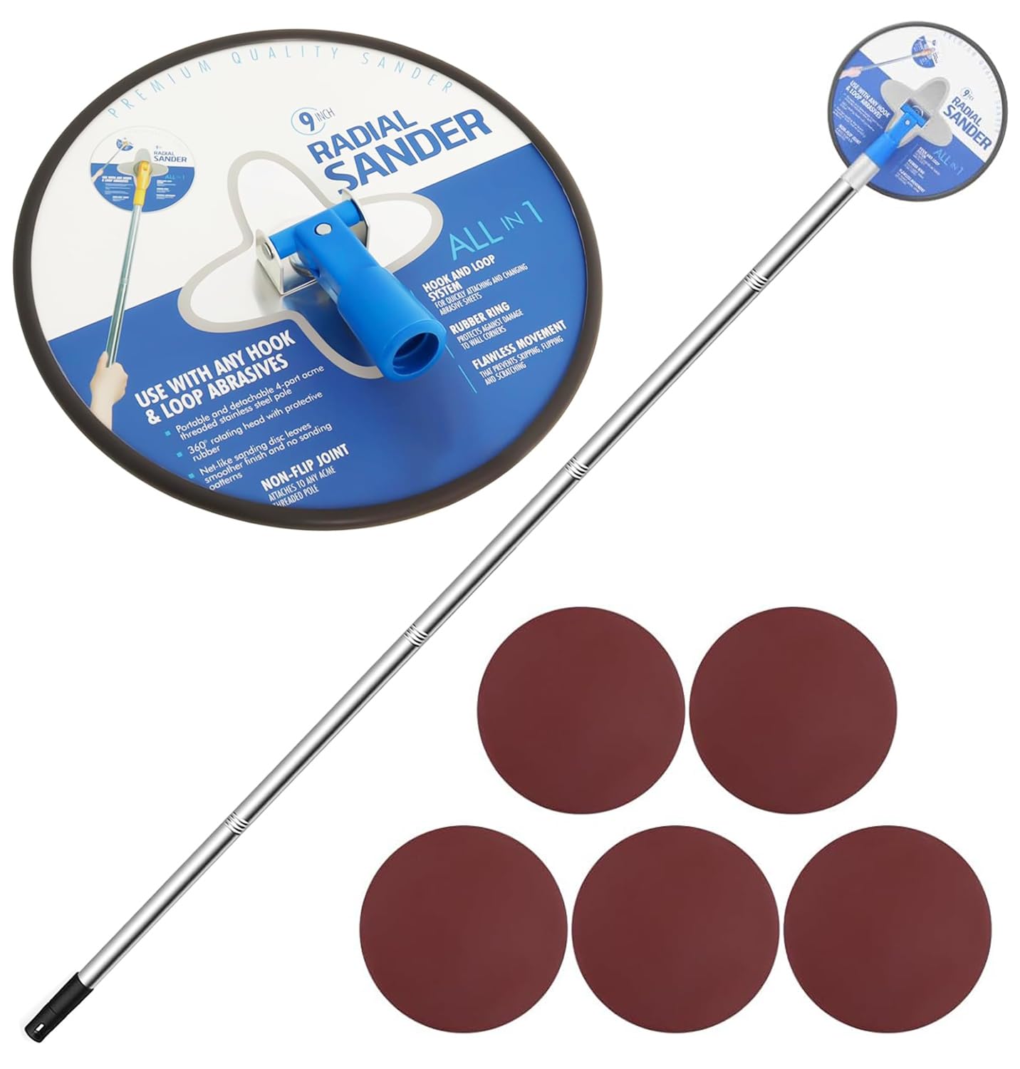 Koyata Drywall Pole Sander, 71 Inch, with Extension Pole for Wall Cleaning and Polishing, 360 Circular Radial Sander, Includes 5pcs Sanding Sheets (100, 120, 150, 180, 240 Grit)