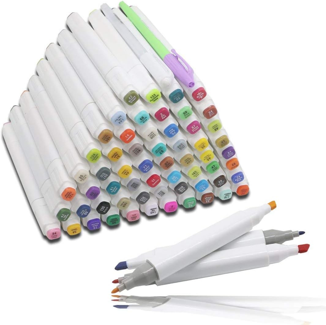 HLZHD 40/60/80 Colours Double Ended Sketch Graffiti Pens Broad Fine Point Graphic (No Duplicates), Twin Permanent Marker Pens Touch Markers New generation Design students Manga artists Pigment Marker pens with Carrying Case Set (60 Colours-white)