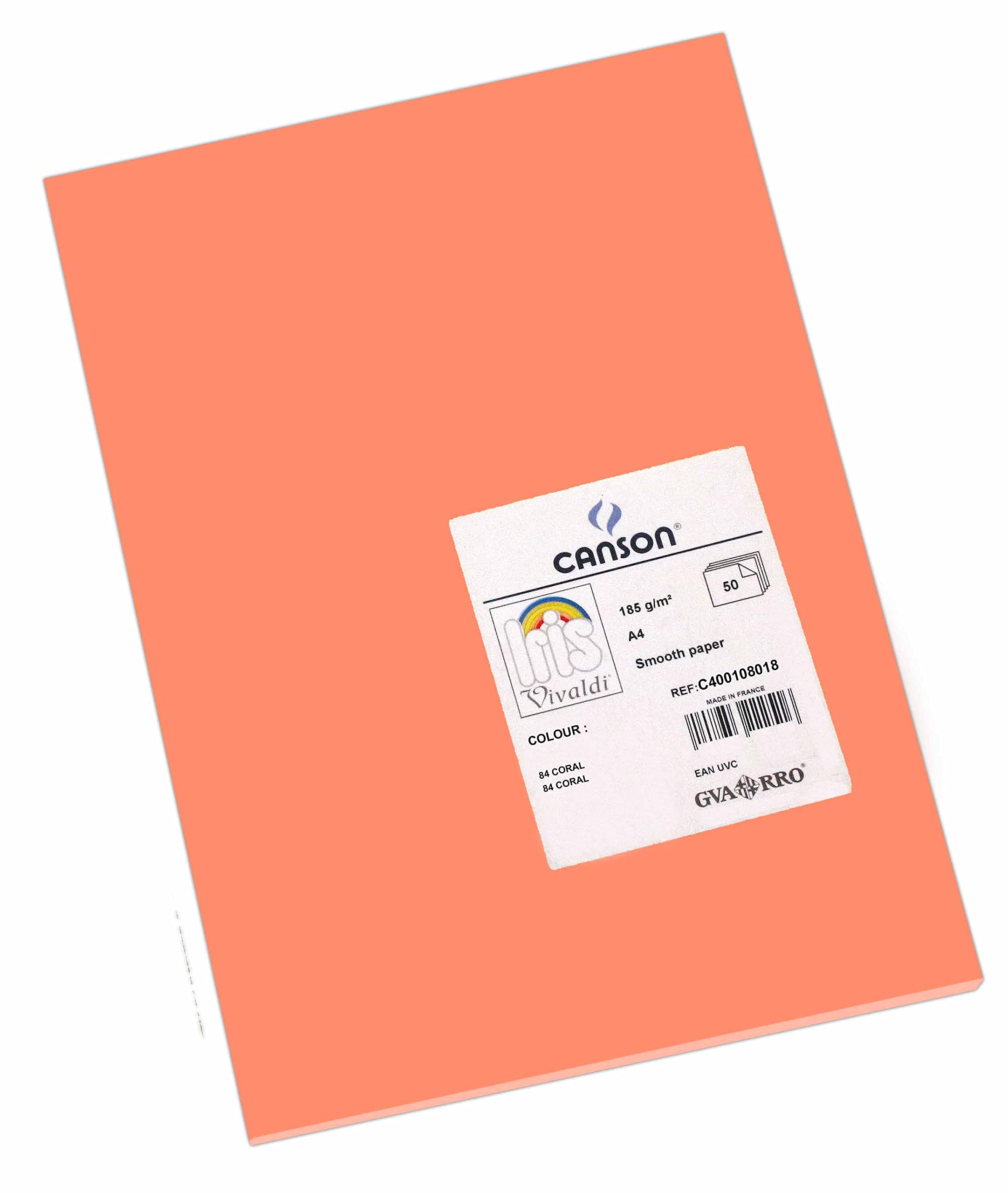 Canson Iris Vivaldi, Colored Drawing Paper, Soft, 185gsm, Sheet, A4-21x29.7cm, Coral