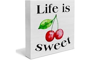 BIFEZ Summer Cherry Wooden Box Sign Life is Sweet Cherry Wood Box Sign Art Blocks Desk Decor Rustic Signs for Shelf Tabletop Wall Home Kitchen Decoration 5 X 5 Inch