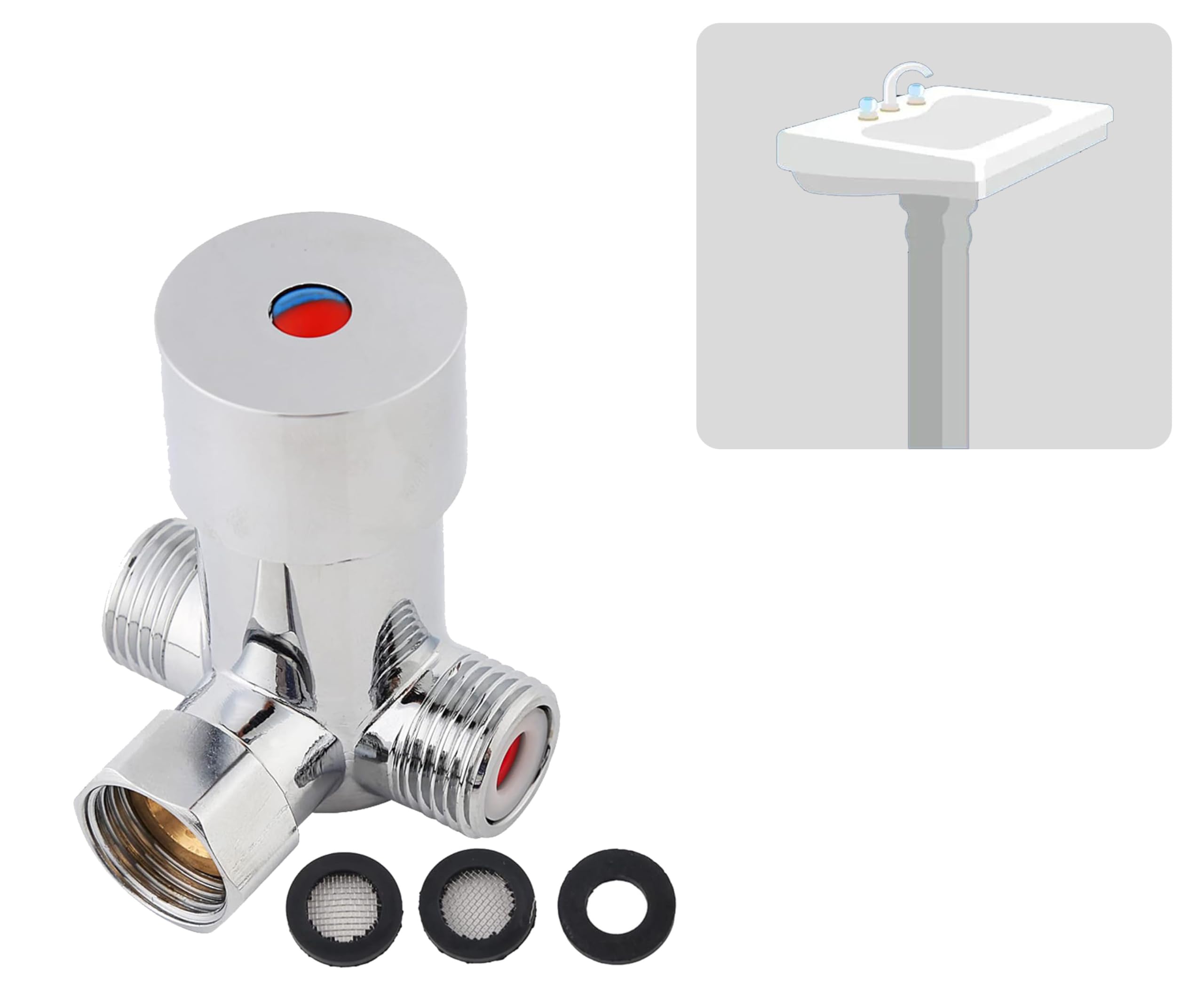 RANNYY G1/2 Thermostatic Water Mixing Valve, 3-Way Thermostatic Mixer, Brass Body, Plumbing Valve, VALVE